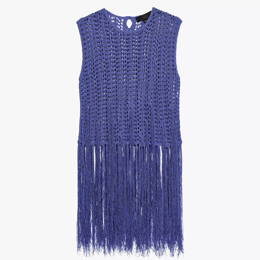 Zara Fringe Crochet Top - Blue - Size Med -NWT